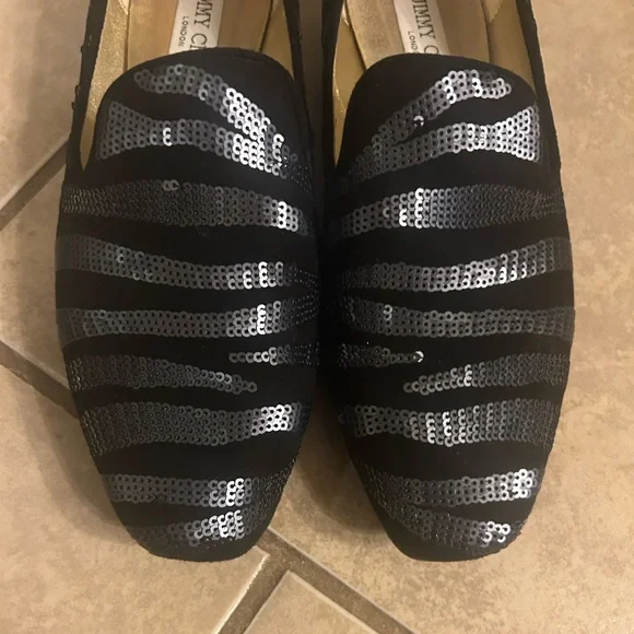 Jimmy Choo 7.5 black velvet with navy sequins gold inside loafers - Picture 8 of 12